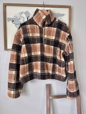ZAFUL BROWN PLAID TEDDY 3/4 ZIP PULLOVER VGUC